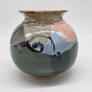 Handmade Studio Pottery Vase Signed Multi-Color Abstract  Glazed